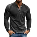 Close-up detail of men's slim fit distressed long sleeve Henley shirt with pocket - S / Tops / Black
