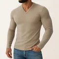 Detailed view of khaki ribbed texture on a men's V-neck long-sleeve slim shirt - S / Tops / Khaki