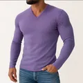 Close-up of men's purple V-neck ribbed long-sleeve t-shirt showing fit and texture - Purple