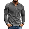 Close-up of men's distressed gray Henley long sleeve slim fit shirt with pocket detail. - S / Tops / Gray