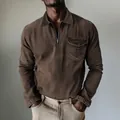 Detailed shot of brown half-zip denim shirt with polo collar and chest pocket - Coffee