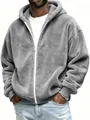 Close-up detail of a men's loose grey plush zip-up hoodie featuring soft faux fur texture - S / Tops / Gray