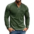 Slim fit men's olive green long sleeve Henley shirt with distressed acid wash effect - S / Tops / Army Green