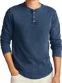 Detailansicht des dunkelblauen Henley-Hemdes mit Distressed-Baumwolltextur und Knopfleiste - S / Oberteile / Marineblau