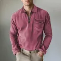 Detailed view of a men's long-sleeve half-zip denim shirt in dusty rose with lapel collar - 3XL / Tops / Pink
