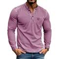 Close-up detail of a men's slim fit distressed Henley shirt in a faded purple finish - S / Tops / Pink
