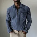 Men's blue half-zip denim shirt with lapel collar and long sleeves for casual wear - Dark Blue