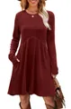Burgundy long-sleeve ribbed knit dress with round neck and pockets for women - S / Dresses / Red