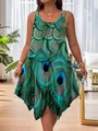 Detail of sleeveless dress featuring vibrant peacock feather print and asymmetric hem. - 1XL / Dresses / Green
