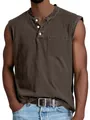 Men's sleeveless cotton henley tank top with chest pocket in vintage brown wash - Coffee