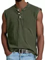 Casual army green sleeveless Henley tank top for men featuring buttons and pocket - Army Green