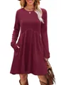 Elegant wine red long sleeve ribbed knit mini dress with pockets for women SKU - Fuschia