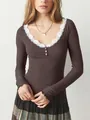 Brown ribbed long sleeve top featuring white lace trim and button detail at U-neckline - S / Tops / Coffee