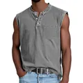 Premium men's grey sleeveless Henley vest in washed cotton with buttons and chest pocket - Gray