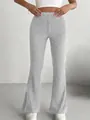 Grijze geribbelde flare broek met hoge taille voor dames, slim fit ontwerp en gebreide textuur. - 4XL / Bottoms / Lichtgrijs