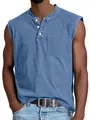 Men's sleeveless cotton Henley tank top with button placket in light blue variant - S / Tops / Blue