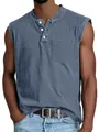 Men's sleeveless Henley cotton tank top in navy blue with front pocket and buttons. - Navy Blue