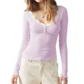 Light purple ribbed long sleeve T-shirt with white lace trim and elegant U-neckline - S / Tops / Lavender