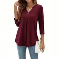 Elegant burgundy V-neck pleated blouse with 3/4 sleeves and decorative metal button - S / Tops / Burgundy