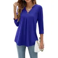 Elegant royal blue V-neck top with 3/4 sleeves and pleated detail for women's daily wear - Blue
