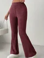 Elegante geribbelde flared broek met hoge taille in een mooie bordeauxrode kleur - 4XL / Bottoms / Donkerrood