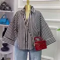 Fashionable loose black and white striped long-sleeve shirt with lapel collar for women - S / Tops / Black Stripe