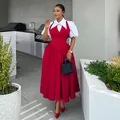 Full length shot of the elegant red faux two-piece dress with white puff sleeves and collar - S / Dresses / Red (Fake Two Piece)