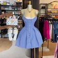Stylish blue and white striped A-line strap dress shown on a golden mannequin - S / Dresses / Blue