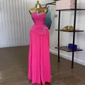 Detail of pink strapless rhinestone top with pleated wide leg trousers set for women - S / Top And Bottom / Deep Pink