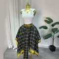 High-waist yellow plaid A-line skirt with tie-waist detail and stylish irregular hemline - S / Bottoms / Yellow Black Plaid