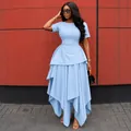 Elegant light blue short sleeve dress with high waist and layered irregular hem - S / Dresses / Light Blue