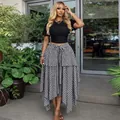 Women's high waist checkered midi skirt with irregular hem and tie-waist detail. - S / Black Houndstooth