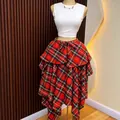 High-waisted red plaid irregular midi A-line skirt with drawstring waist design - S / Red