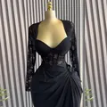 Elegant black midi dress with lace long sleeves and ruched corset bodice detail - S / Dresses / Black
