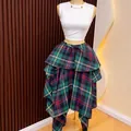 Stylish high waisted plaid irregular midi A-line skirt featuring ruffles and tie-waist detail - S / Blue