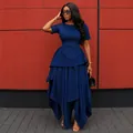 Women's elegant dark blue irregular tiered maxi dress with short sleeves and high waist - Dark Blue