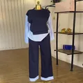 Full view of navy blue casual set with striped patchwork details on mannequin - S / Top And Bottom / Blue