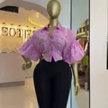 Western fashion pink eyelet cropped shirt with rhinestone detail and lantern sleeves - S / Tops / Pink