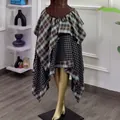 Elegant two-piece set featuring a brown corset top and an irregular plaid maxi skirt - S / Bottoms