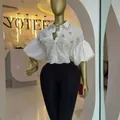 Elegant white puff sleeve cropped shirt featuring delicate eyelet and floral rhinestones - S / Tops / White