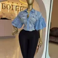Light blue eyelet embroidered crop shirt featuring rhinestone lantern sleeves design - S / Tops / Blue