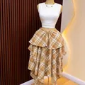 High waist plaid asymmetrical A-line skirt in orange brown for casual summer wear - Turmeric