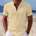 Men's summer casual linen shirt with mandarin collar and short sleeves in beige tan - Khaki