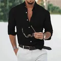 Close-up detail of a men's casual black long-sleeve cotton linen shirt with button-down collar - S / Tops / Black