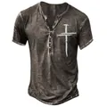 Vintage distressed grey men's short sleeve Henley T-shirt featuring a white cross print - S / Tops / Brown