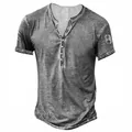 Men's vintage washed grey casual Henley t-shirt with digital number 8 print on sleeve - S / Tops / Light Gray