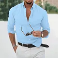 Premium men's casual light blue long-sleeved cotton linen shirt with a classic collar - S / Tops / Blue