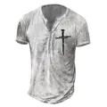 Vintage grey men's short sleeve Henley t-shirt featuring a black nail cross graphic print - S / Tops / Washed Gray Cross Print (DT9 White)