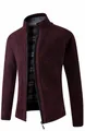 Close-up detail of wine red men's thickened knitted cardigan with checkered lining - Burgundy