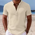 Men's summer casual cotton linen shirt with stand collar and short sleeves in beige - Apricot